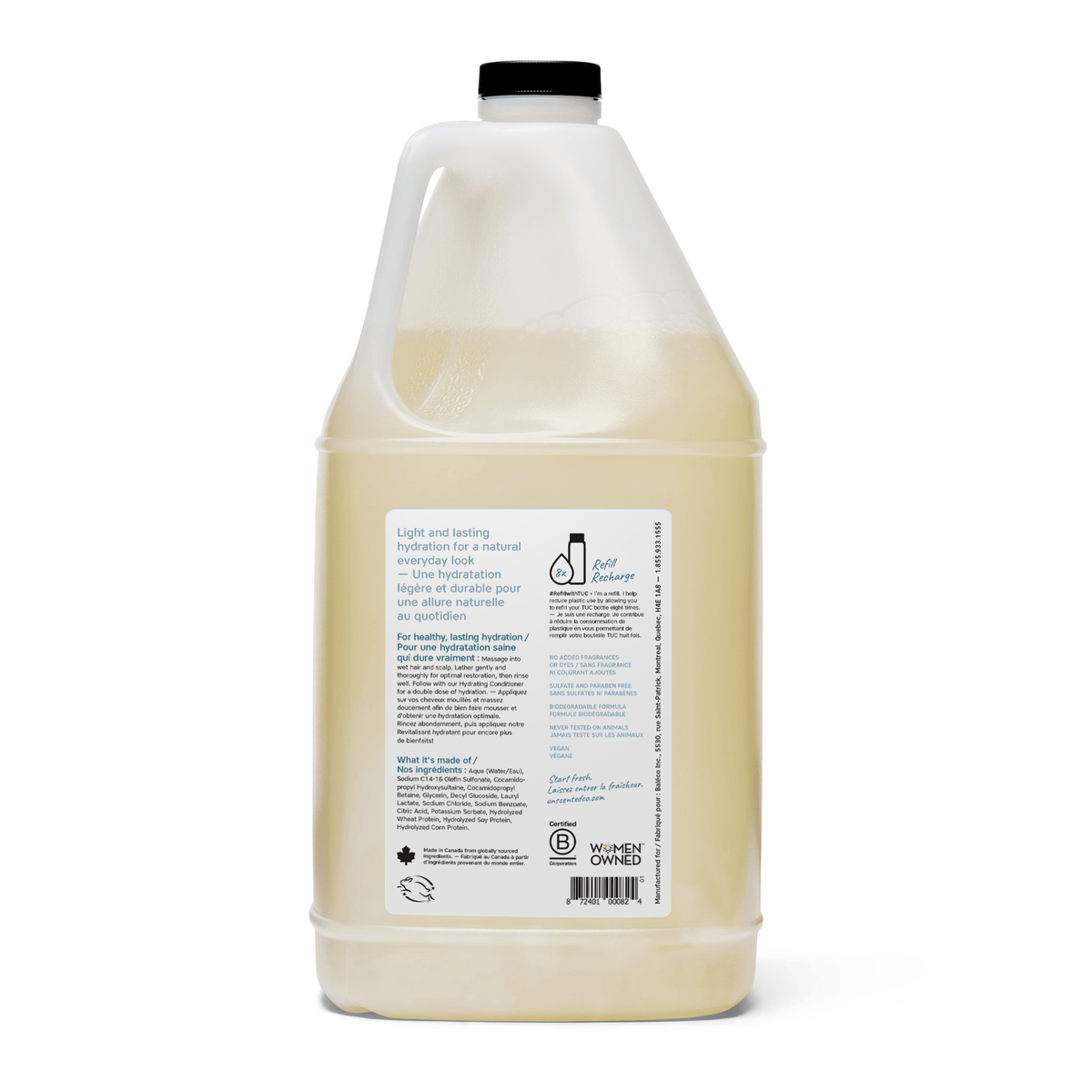 Back label with ingredients, Hydrating Shampoo gallon jug