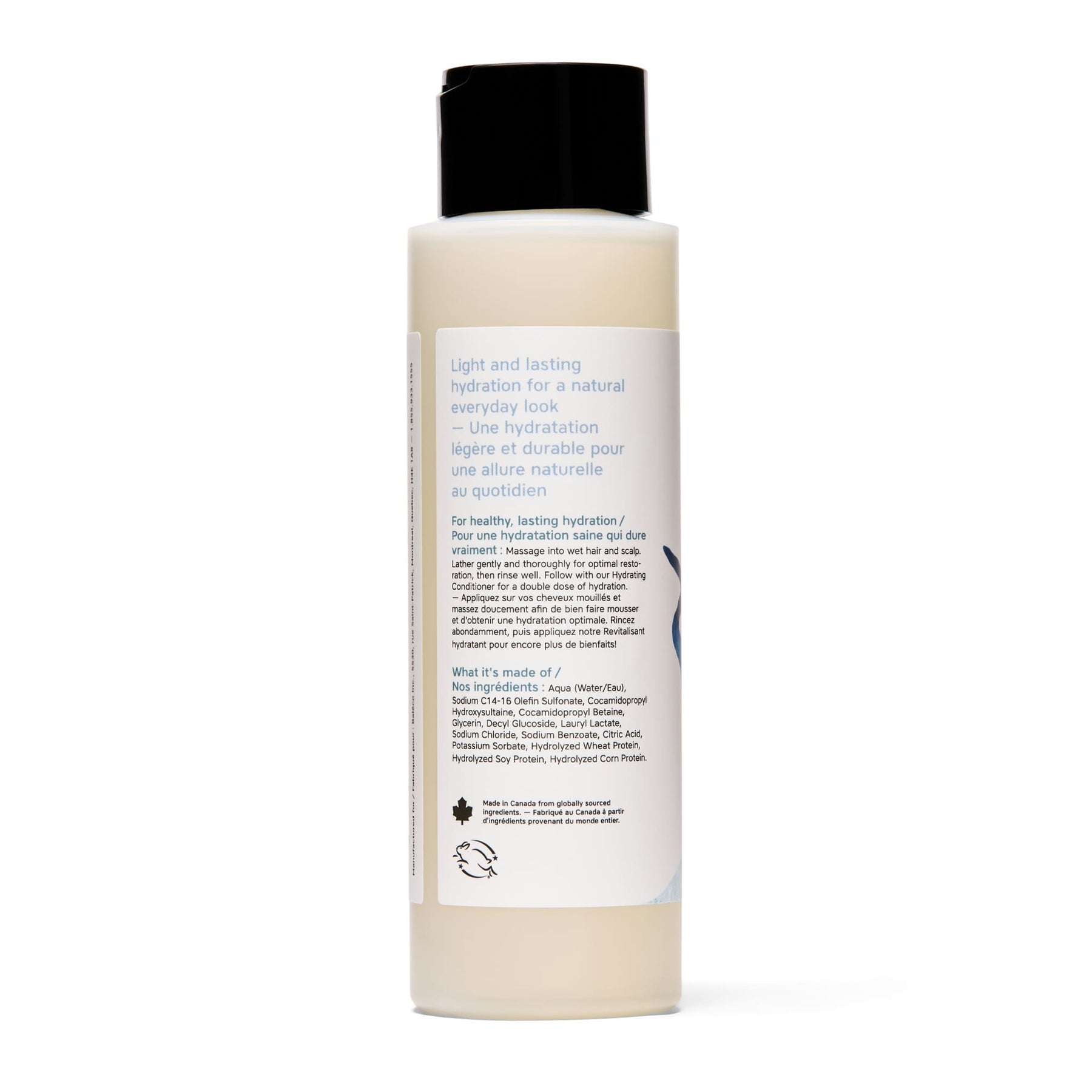 Étiquette arrière avec ingrédients, bouteille Shampoing Hydratant 473 ml
