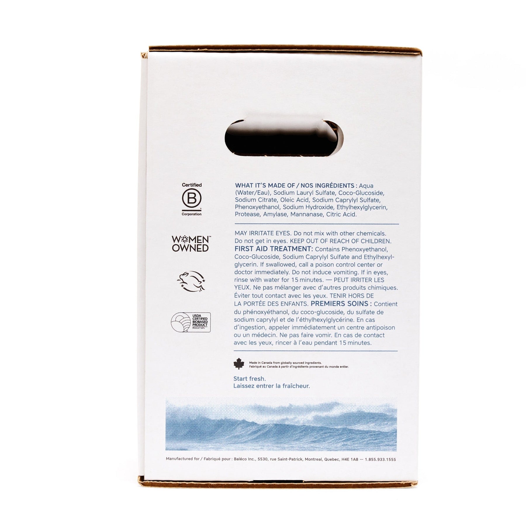 Back view of The Unscented Company 10 L dish soap box, showing ingredient information, certifications, and sustainability icons on minimalist white eco-friendly packaging.