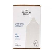 Front view of The Unscented Company 10 L laundry detergent box, showing “Laundry Lessive,” 400 loads, and refill icons on minimalist white eco-friendly packaging.