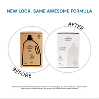 Graphic showing the evolution of The Unscented Company laundry detergent packaging, comparing the previous brown 10L box with the new white 10L bulk refill box under the heading "New Look, Same Awesome Formula."