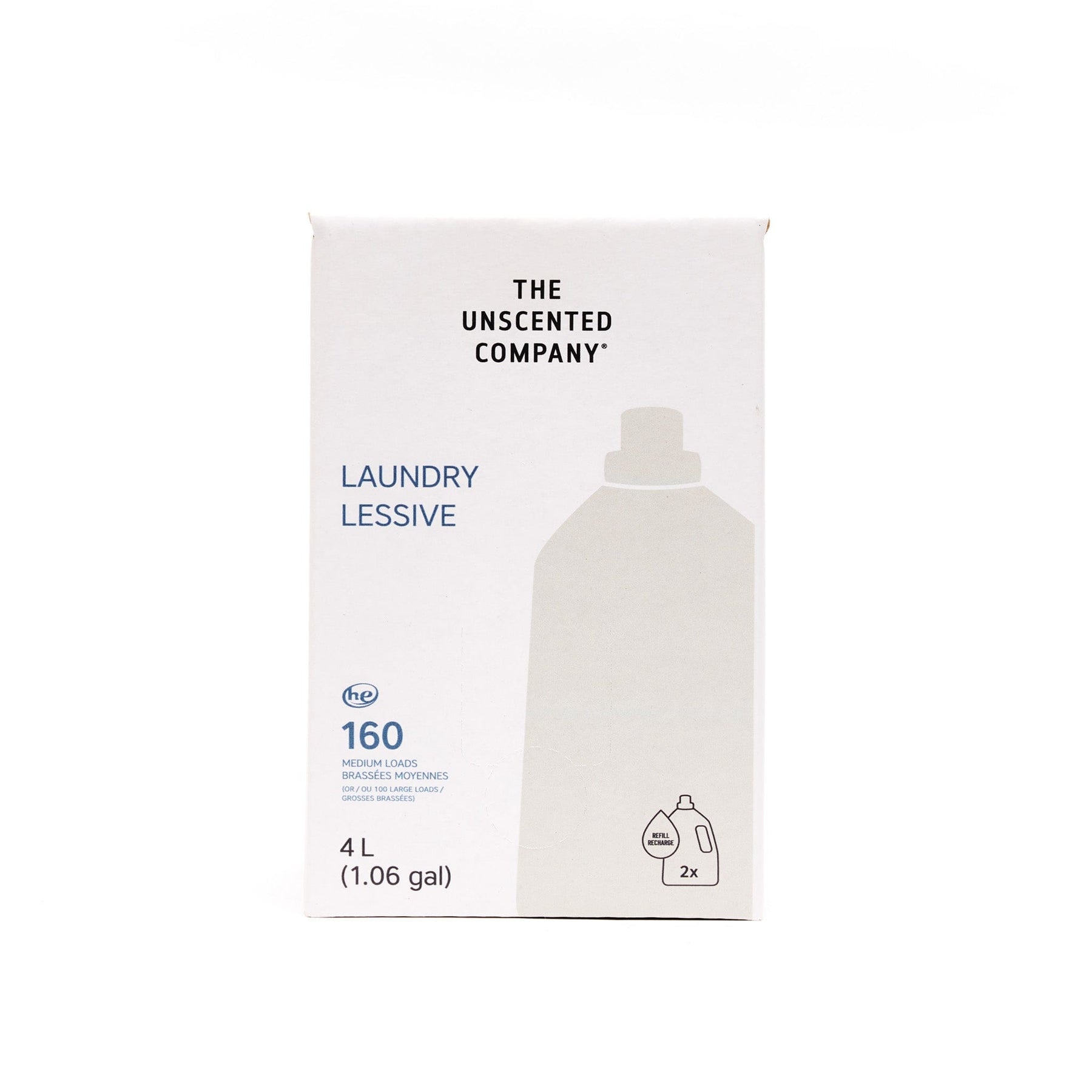 Front view of The Unscented Company Laundry detergent 4 L (1.06 gal) refill box featuring minimalist white packaging, “Laundry / Lessive” text, 160 medium loads icon, and bottle illustration.
