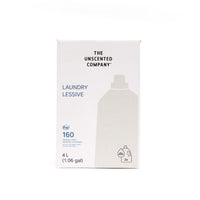 Front view of The Unscented Company Laundry detergent 4 L (1.06 gal) refill box featuring minimalist white packaging, “Laundry / Lessive” text, 160 medium loads icon, and bottle illustration.
