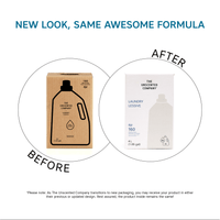 Side-by-side comparison of The Unscented Company's laundry detergent packaging showing the transition from the original brown cardboard box to the new white 4L bulk refill box under the slogan "New Look, Same Awesome Formula."