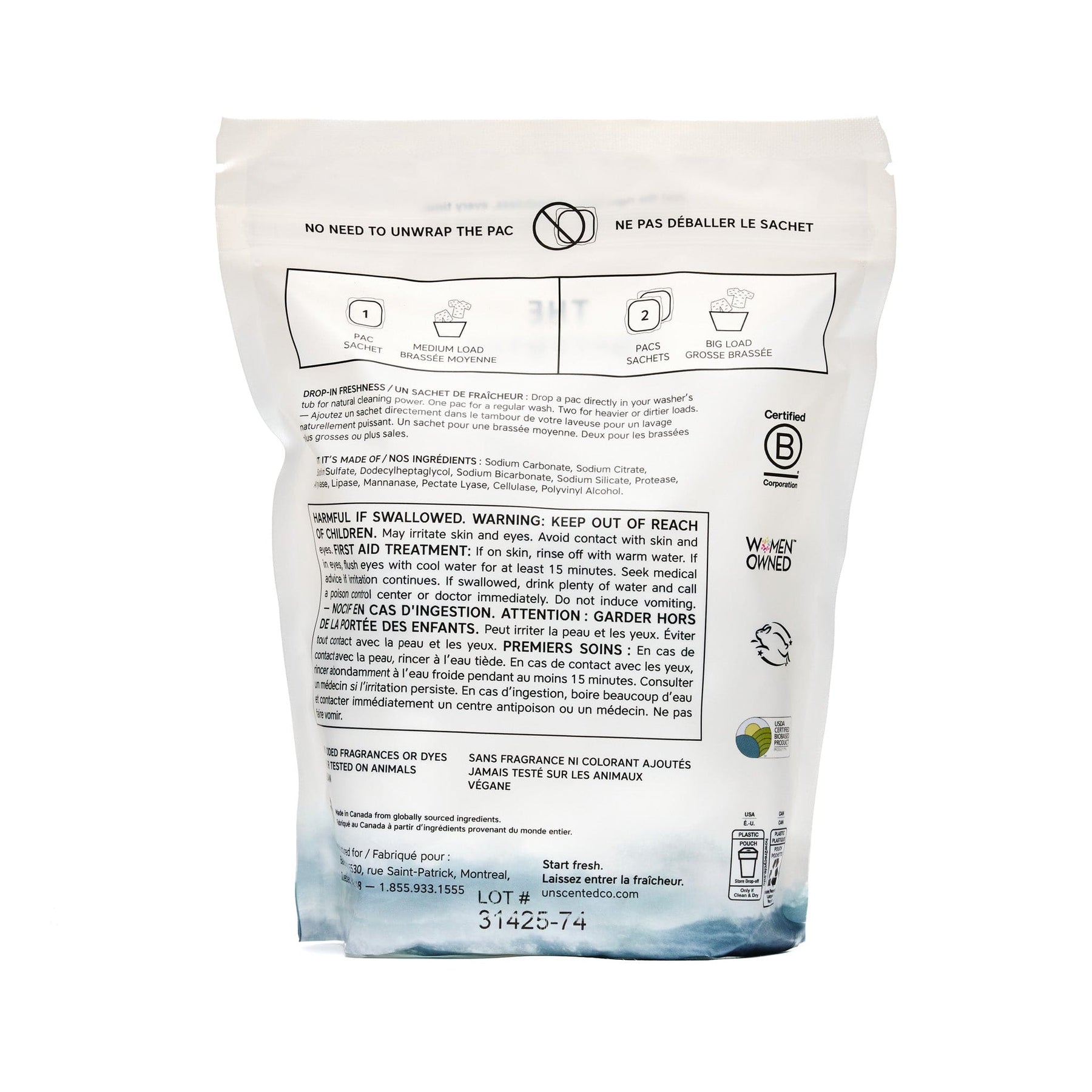 Dos de l’emballage des sachets de lessive The Unscented Company, montrant les instructions d’utilisation, les ingrédients, les précautions, et les certifications.