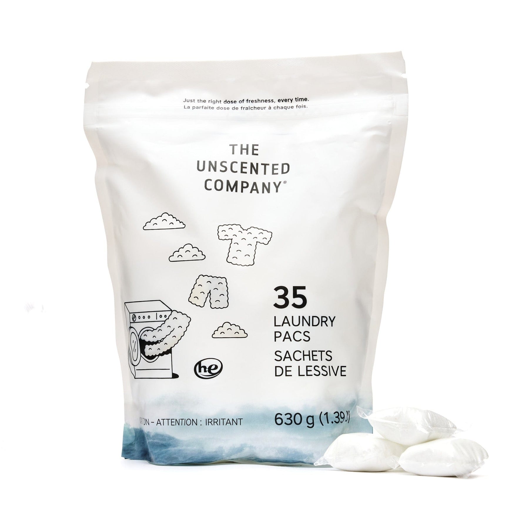 Bag of 35 The Unscented Company laundry pacs on a white background, featuring illustrations of clouds, clothes, and a washing machine