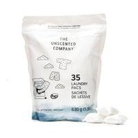 Bag of 35 The Unscented Company laundry pacs on a white background, featuring illustrations of clouds, clothes, and a washing machine