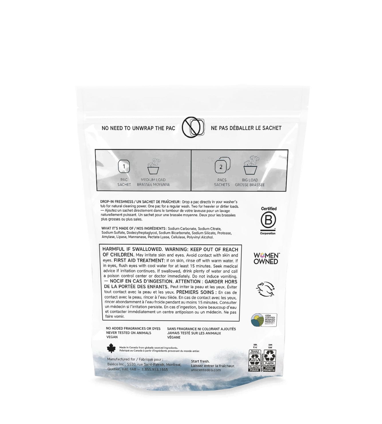 Back of The Unscented Company laundry pacs packaging, displaying usage instructions, ingredients, warnings, and certifications.