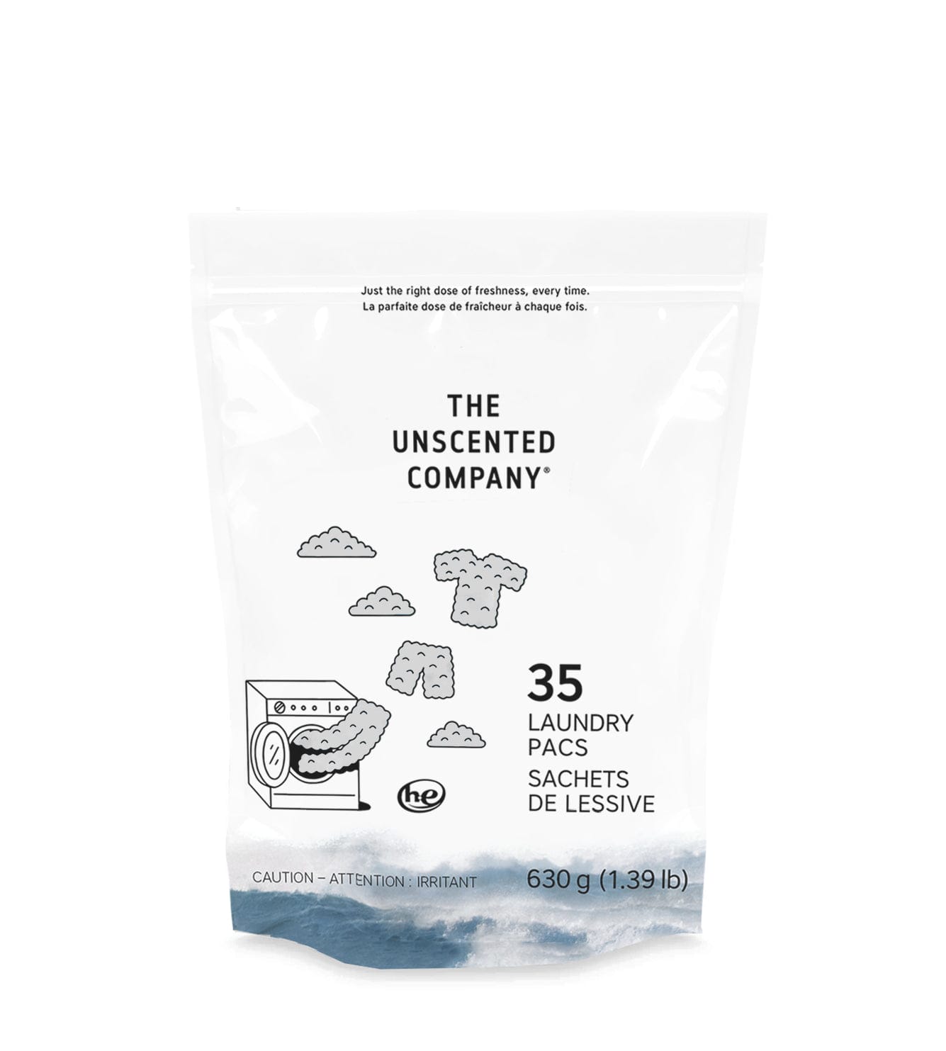 Bag of 35 The Unscented Company laundry pacs on a white background, featuring illustrations of clouds, clothes, and a washing machine