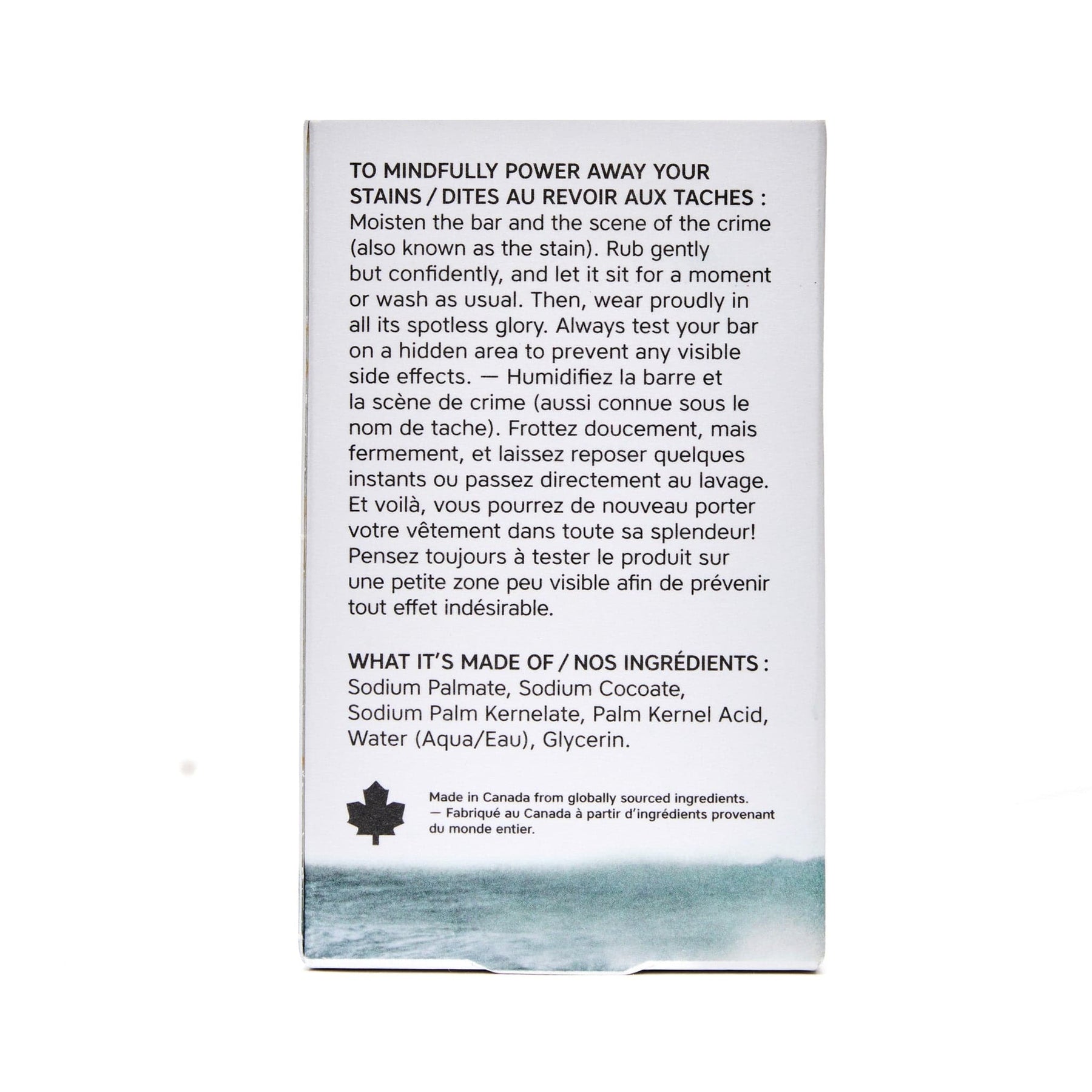 Back of The Unscented Company stain remover bar packaging, featuring bilingual usage instructions, ingredient list, and B Corp and Women Owned certifications.