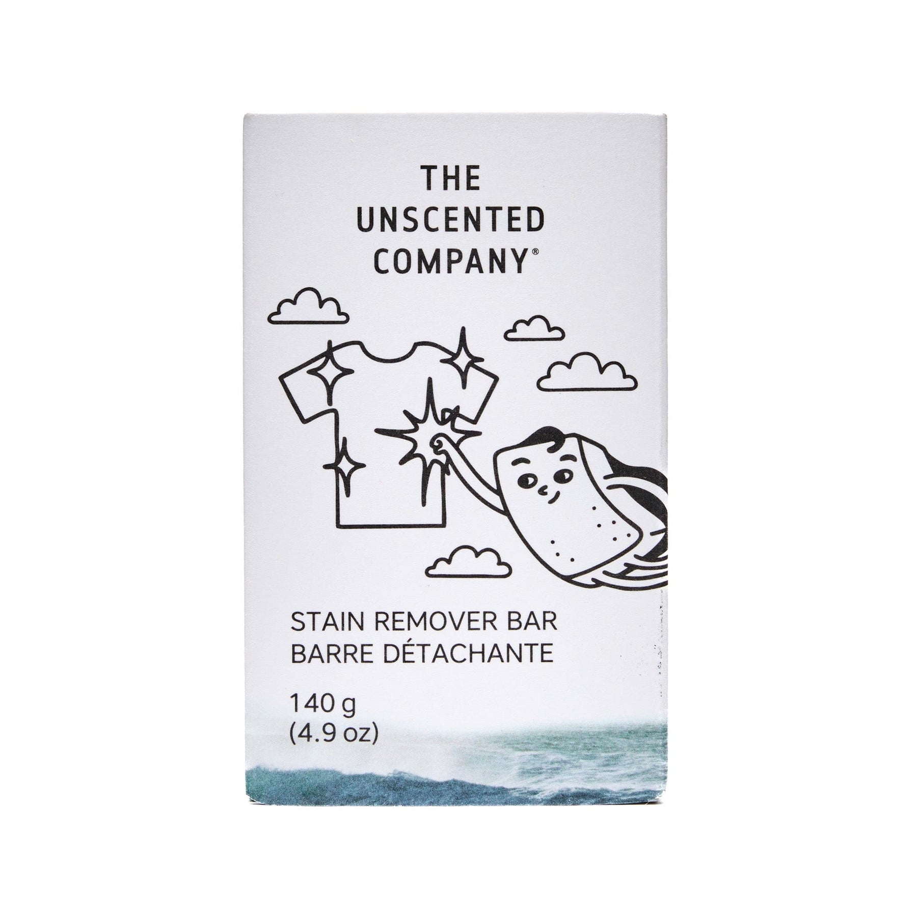 Front of The Unscented Company stain remover bar packaging, illustrated with a sparkling clean t-shirt and a soap bar character, with “Fragrance-free”, “Never tested on animals”, and “Vegan” labels on the side.