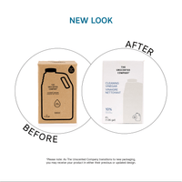 "New Look" infographic showing a "Before" and "After" comparison of The Unscented Company 4 L cleaning vinegar refill boxes. The "Before" version is a brown cardboard box (12% acetic acid) and the "After" version is a clean white box (10% acetic acid). A note at the bottom explains that customers may receive either design during the packaging transition.