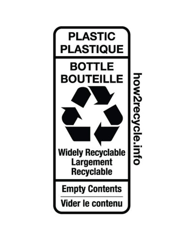 Black and white plastic bottle recycling label featuring the universal recycling symbol, bilingual English and French instructions, and guidance to empty contents before disposal, indicating widely recyclable packaging and promoting responsible, eco-friendly waste management for household products in Canada.