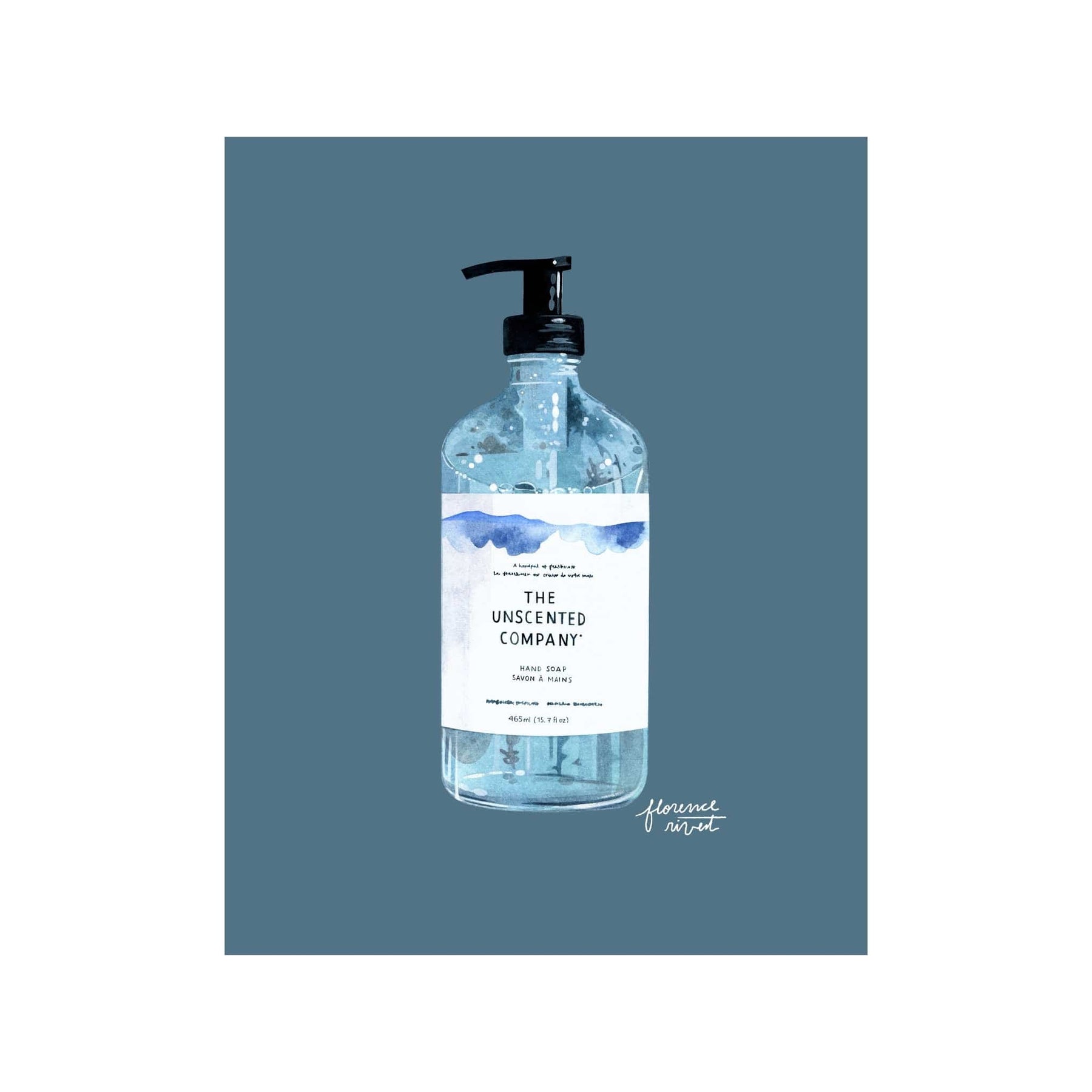 Illustration artistique d’une bouteille de savon pour les mains de The Unscented Company sur fond bleu, signée par l’artiste Florence Rivest.
